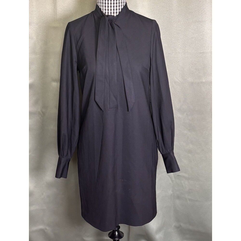 Club Monaco 95% Wool Black Shift Dress Size 0 Long Sleeve with Bow Neck Detail